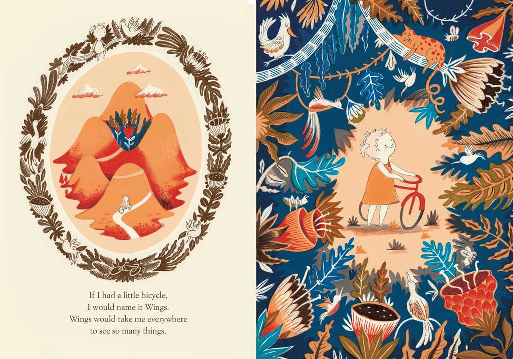 Left: Illustration of mountains with a wreath and a small bicycle. Right: A curly-haired child holds a red bike in a vibrant forest—an enchanting scene from *If I Had a Little Dream* by Nina Laden, perfect for celebrating the magic of nature.