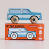 The No. 31 GT170 Chuck | Made in England, a blue wooden SUV toy van, sits atop its orange box adorned with an illustration of the van and labels highlighting sustainable wood, made in England, and child-safe paints—making it perfect for off-road journeys and adventure toy collections.