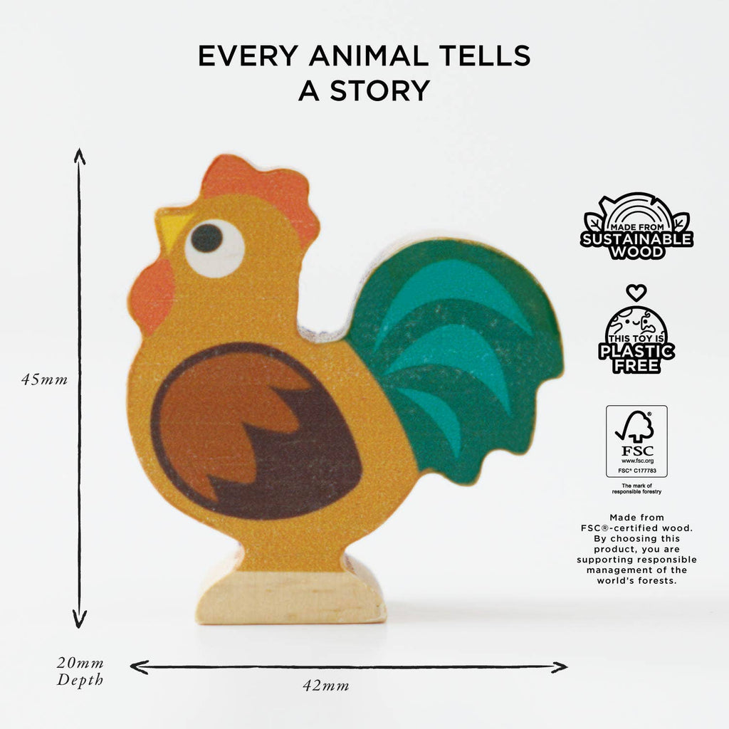 Part of the Farmyard Stacking Animals and Bag set, this eco-friendly painted wooden rooster stands upright against a white background. Made from sustainable, FSC-certified wood, it's plastic-free and measures 45mm x 42mm x 20mm.