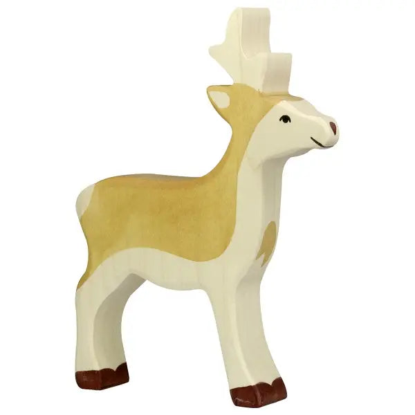 A Holztiger Roe Buck, reminiscent of HOLZTIGER figures, painted in cream and light brown shades, stands on four legs. It features small, rounded brown hooves and a gentle, smiling expression. Handcrafted from maple and beech wood, its short pointed antlers add to the whimsical charm.