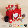The Pretend Play Vintage Doctor Set is a red kids’ medical bag with a white cross, filled with wooden tools like a stethoscope, syringe, scissors, and medicine bottles. “Multi-award Winning” badges appear below the bag.