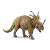A detailed model of the Schleich Styracosaurus dinosaur toy, featuring a green and brown body with four long facial horns, a frilled head, standing on four legs with its mouth open as if roaring, isolated on a white background.
