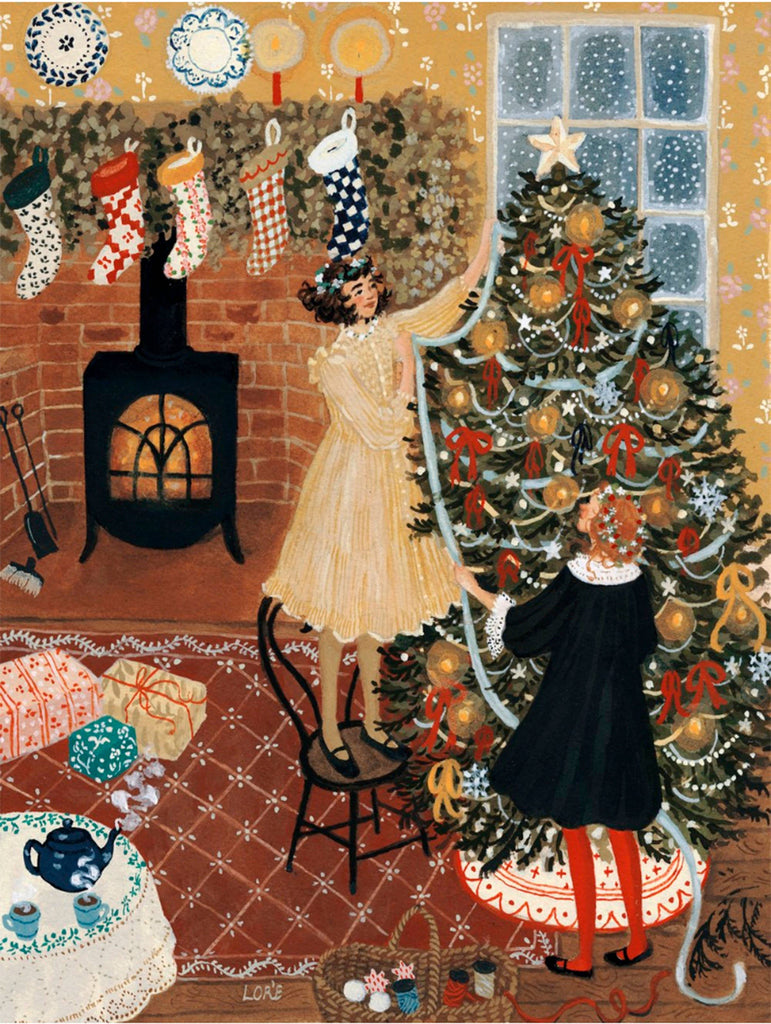 Two women decorate a Christmas tree by the fire, stockings above and gifts below. One stands on a chair as the other hands her a garland—a warm, festive Tree Trimmings - 1000 Piece Jigsaw Puzzle scene.
