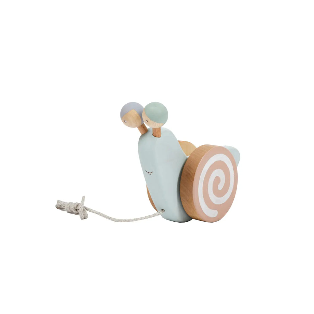 A Handmade Pull Along Snail Toy, this light blue snail features pastel-colored details and a spiral pattern on its shell. With a smiling face and two rounded eyes on stalks, it’s made from natural materials. A pull string is attached to its front for easy dragging.