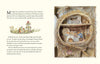An illustrated page from The Brambly Hedge Pop-Up Book by Jill Barklem shows cakes, a tea set, and an open book on the left, while the right reveals a cozy, round nest room with shelves and a table ready for tea.