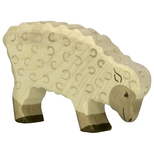 A handcrafted Holztiger Sheep, Eating with a creamy off-white body featuring light brown semicircle patterns, brown legs, and a brown face. This high-quality piece is depicted in a standing position.