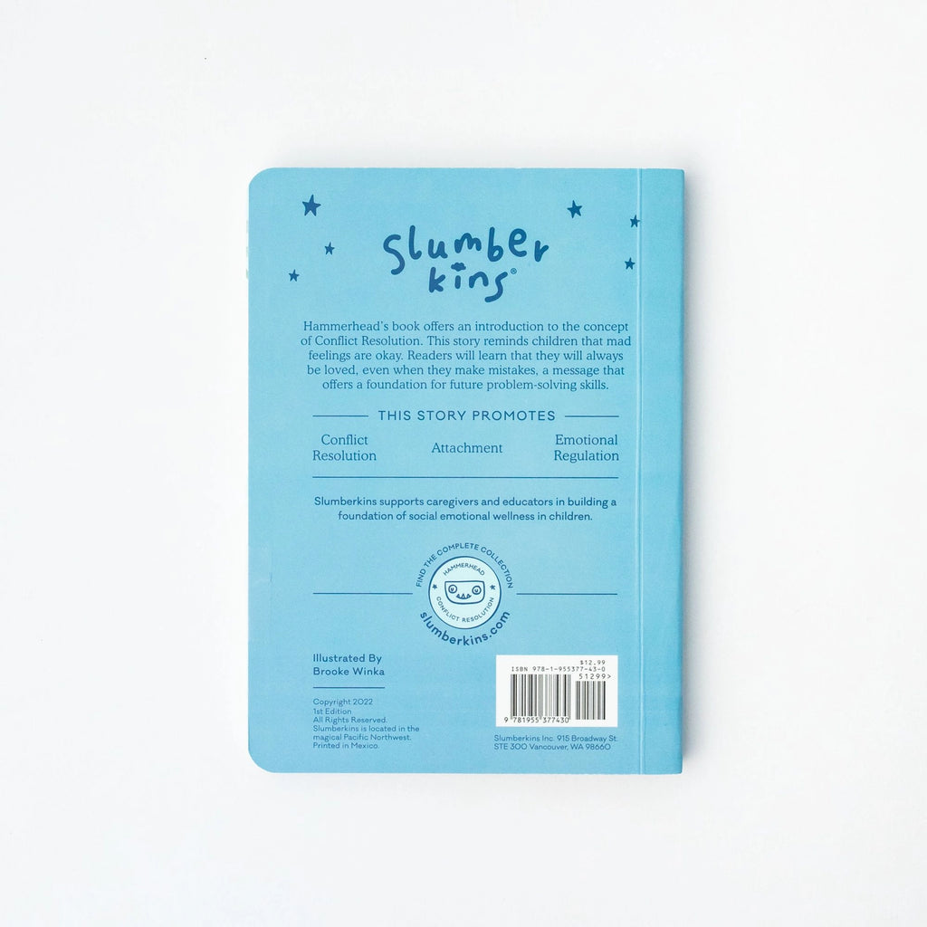The back cover of the children's book "Slumberkins Hammerhead Kin + Lesson Book - Conflict Resolution" is light blue and features a brief synopsis promoting its focus on conflict resolution, attachment, and emotional regulation. Illustrated by Brooke Wi, it includes a smiling cloud logo to highlight its emphasis on developing essential social skills.