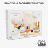 A box labeled "Vanity Star Beauty Kit" displays a kids' wooden makeup toy set with accessories and a drawstring bag. Text above reads "Beautifully packaged for gifting," with a "100% recyclable packaging" symbol. Ideal for imaginative role-play.