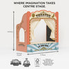 The Tabletop Puppet Wooden Theater is a colorful wooden toy play theater with curtains, “Theatre” on top, and "Le Toy Van" at the bottom. Sized 545mmH x 570mmW x 295mmD, it’s made from sustainable, plastic-free wood for endless imaginative fun.