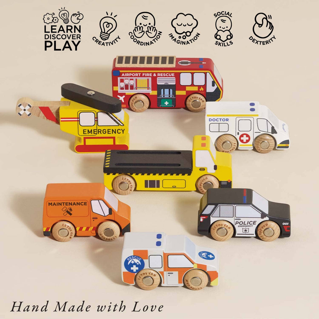 The Emergency Helicopter & Rescue Cars set features seven colorful wooden vehicles, including police, doctor, and maintenance trucks, made from FSC-certified wood. Promotes creativity, coordination, imagination, social skills, and dexterity.