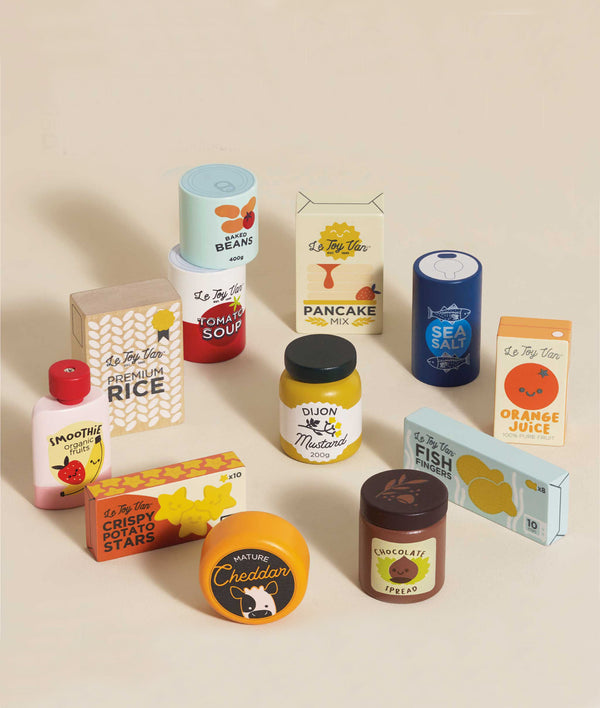 The Pretend Play Grocery Set is a vibrant toy collection with colorful food items like boxes, cans, and jars. It includes pretend pancake mix, orange juice, Dijon mustard, sea salt, tomato soup, baked beans, rice, and cheddar cheese spread to spark imagination and cognitive skills.