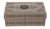 A closed, decorative brown cardboard box tied with thin twine features vintage-style black designs and text printed on the lid and sides, hinting at the eco-friendly toy inside—a classic Wooden Montessori toy: the Colorful Pound A Peg.