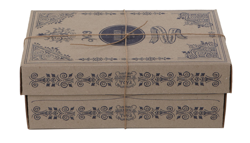 A closed, decorative brown cardboard box tied with thin twine features vintage-style black designs and text printed on the lid and sides, hinting at the eco-friendly toy inside—a classic Wooden Montessori toy: the Colorful Pound A Peg.