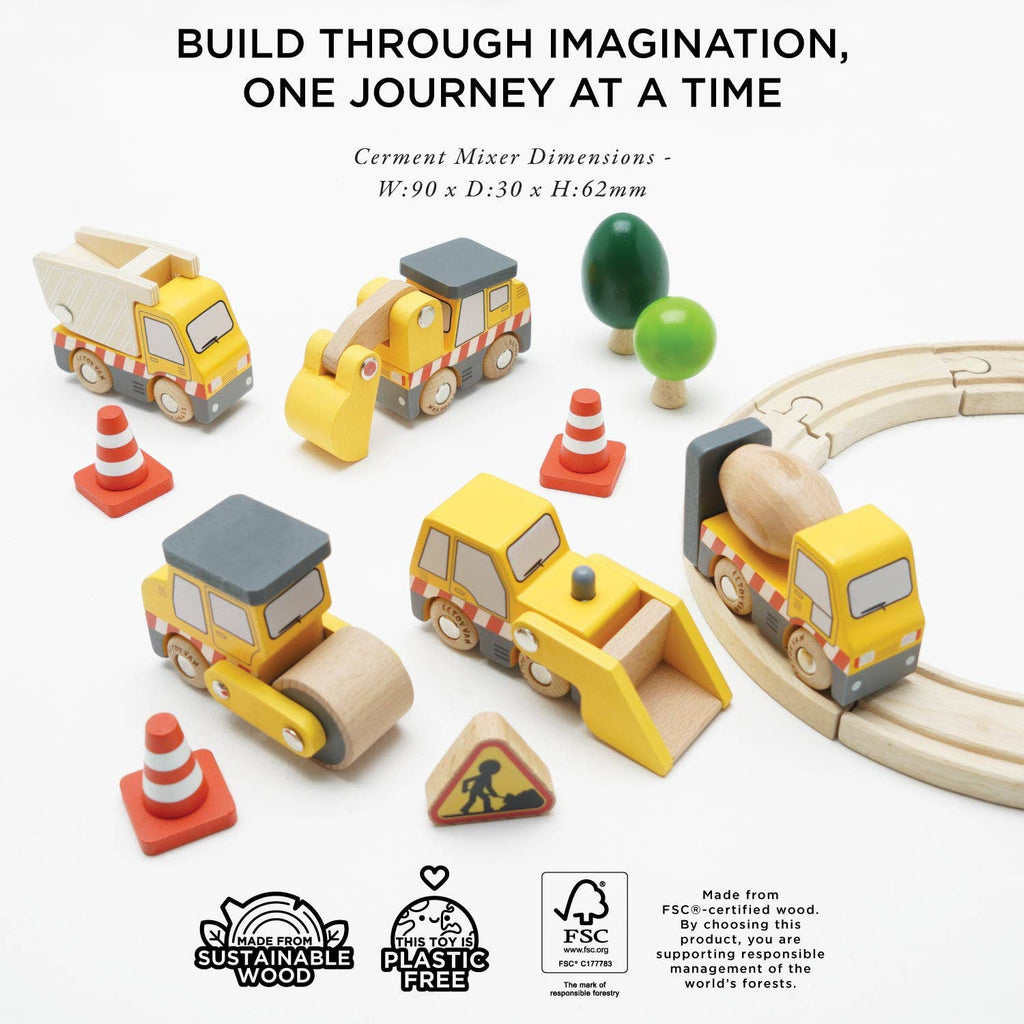 The Construction Toy Cars, Trucks & Diggers set includes vehicles, signs, trees, cones, and curved tracks—perfect for imaginative play. Promotes sustainability. Ships in one week. Displayed on a white background.