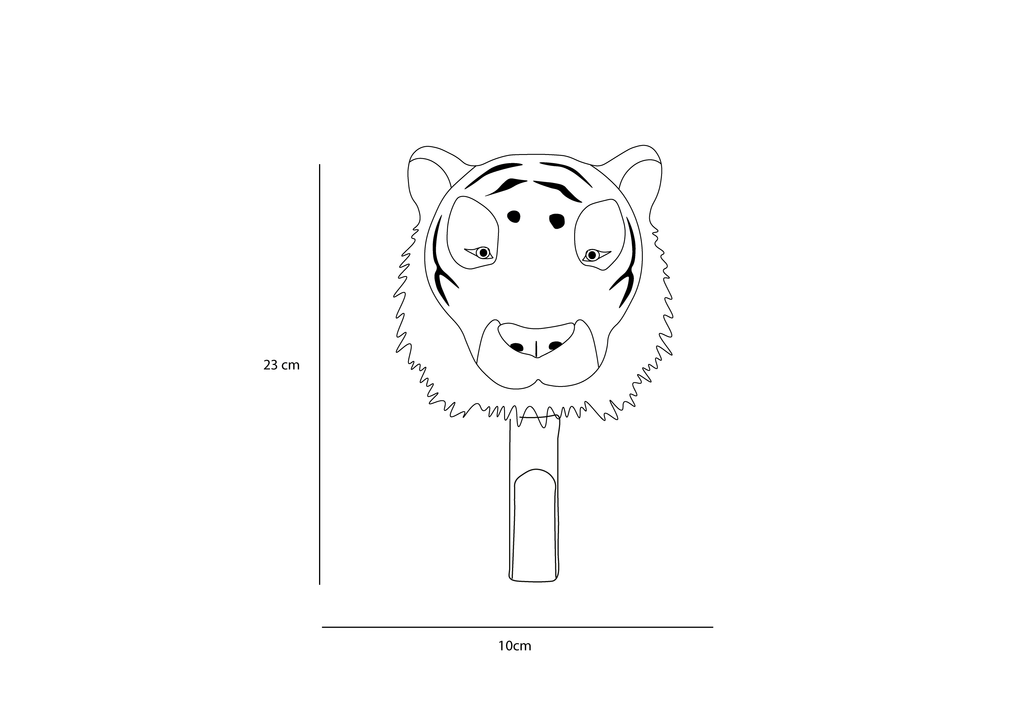 A black-and-white line drawing of the Coat Hanger - Tiger, measuring 23 cm by 10 cm. The design features bold tiger facial markings and resembles an animal wall hook, displayed on a plain background.