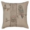 The Coral & Tusk Owl Family Tree Pillow, crafted from 100% linen fabric, showcases an embroidered design of a tree with two detailed owls perched on the branches and one peeking out of a hole. The neutral beige background complements the intricate stitching, highlighting the owls' feathers and eyes.