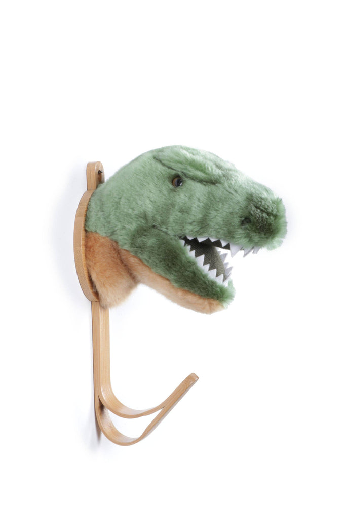 The Coat Hanger - T-Rex Dino features a wall-mounted dinosaur head design in green and brown plush with white felt teeth, shown against a white background.