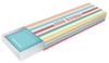 Rectangular box with pastel stripes and “mini kyomo” text, partially opened to show a light blue inner box—perfect packaging for the Mini Kyomo Watch - Blue Ocean, featuring Japanese movement.