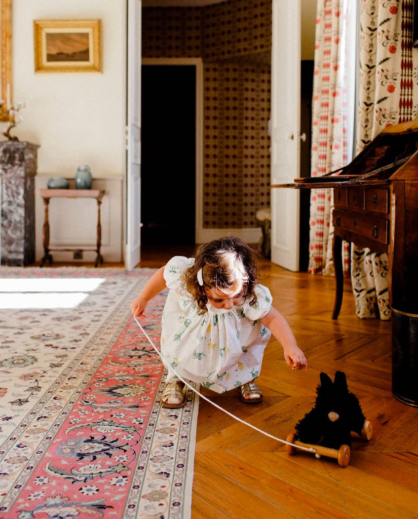 A young child in a dress plays indoors, pulling Pull-Along Walter—a charming pull-along toy dog with wooden wheels—along by its string. Sunlight streams in, illuminating elegant furniture and patterned curtains that create a delightful backdrop as the child develops gross motor skills through play.