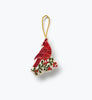 Cardinals Embroidered Ornament shaped like a red bird perched on a flowering branch, featuring a gold hanging loop.