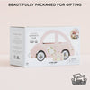 A box of "Sophie's Dolls House Toy Car," a pink wooden car with floral designs, sits on a pale surface. Above, text reads "Beautifully Packaged for Gifting." In the corner is a "100% Recyclable Packaging" icon.