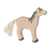 The Holztiger Grey Horse, Head Raised is a handcrafted wooden toy featuring a painted grey mane and tail, grey hooves, a smiling face, and a light-colored string tail. Made in Europe.