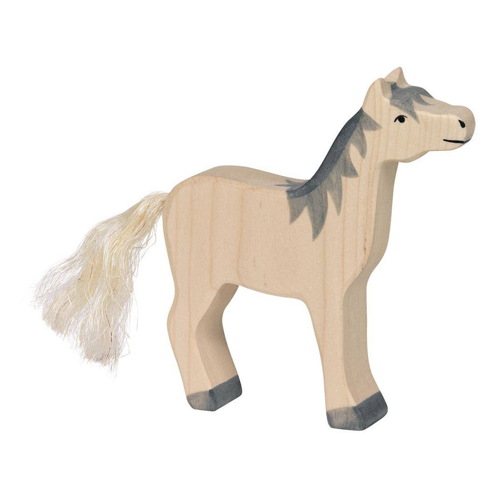 The Holztiger Grey Horse, Head Raised is a handcrafted wooden toy featuring a painted grey mane and tail, grey hooves, a smiling face, and a light-colored string tail. Made in Europe.