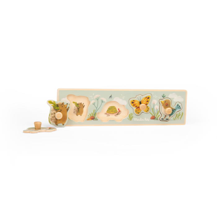 The Moulin Roty Wooden Animal Puzzle - The Three Little Rabbits is a toddler puzzle with three easy-to-grip rabbit pieces and a nature-themed board, making shape learning fun.