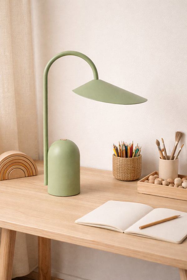 A minimalist wooden desk features the Ferm Living Arum Portable Lamp in Tea Green, an open notebook with a pencil, a basket of colored pencils, paintbrushes, and neatly arranged wooden toys on the surface.
