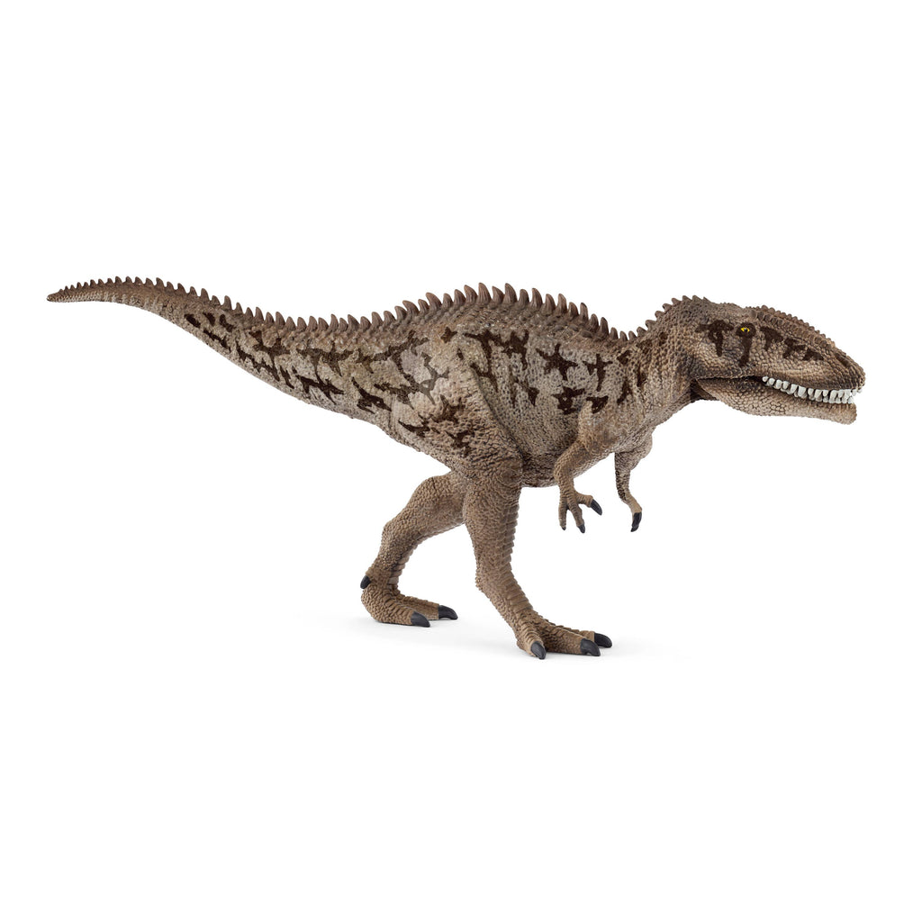 The Schleich Carcharodontosaurus Dinosaur Toy is a detailed, brown bipedal dinosaur figure featuring sharp teeth, textured skin, and a movable jaw, displayed against a white background.
