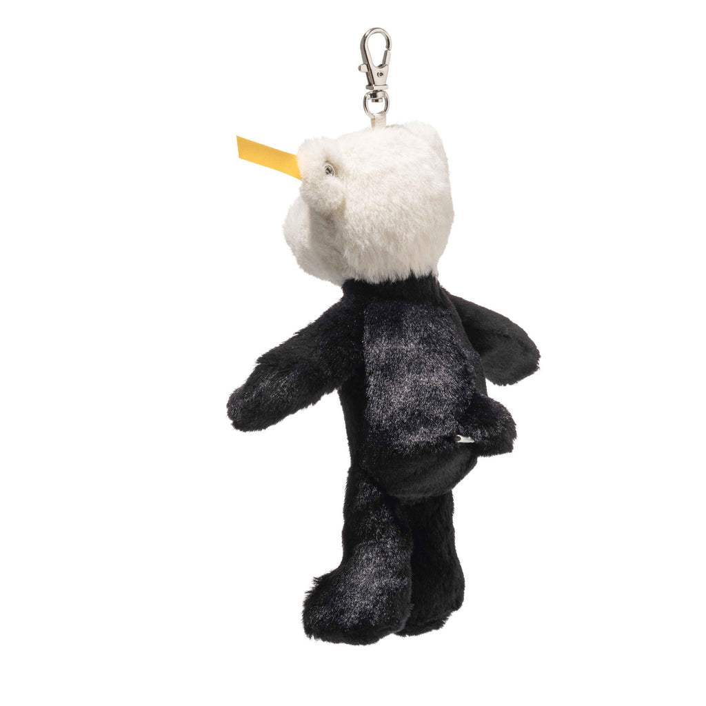 The Steiff Mr. Bones Teddy Bear Keychain features a plush panda design with a white head, black body, a metal clasp on top, and a yellow tag—perfect for any Steiff teddy bear keyring collection.