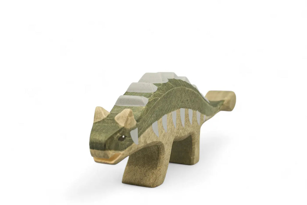 Handmade Holzwald Dinosaur - Ankylosaurus with a green body, light-colored back plates, and a clubbed tail.