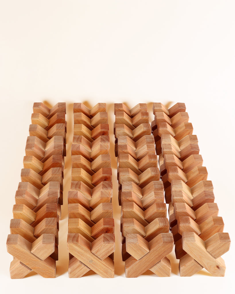 Forty-eight interlocking Bauspiel X-Blocks, 48-Piece Set in Wooden Tray arranged in four vertical rows inside the tray.