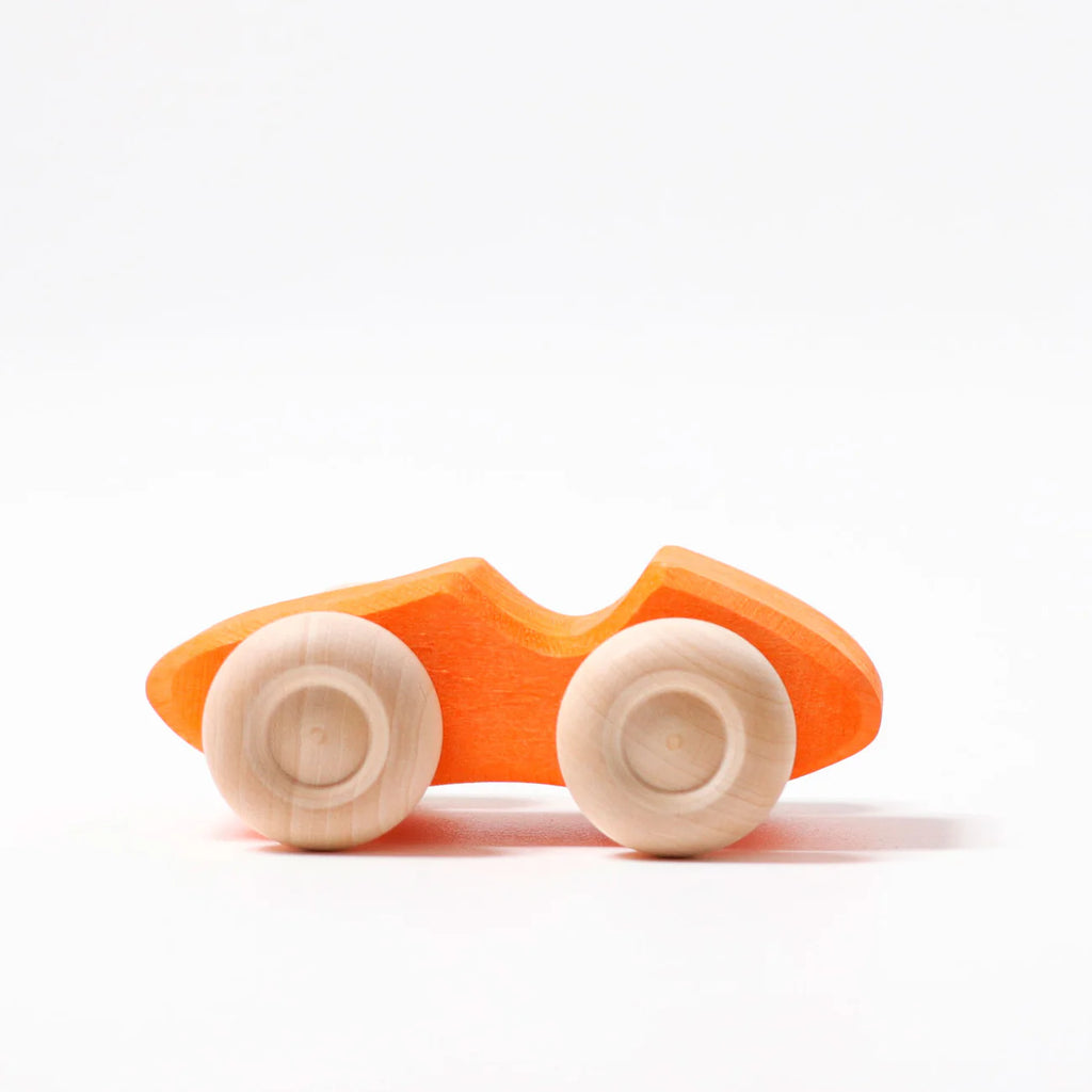 Grimm's Colored Wooden Cars: A simple wooden toy car with a bright orange body and natural wood wheels, inspired by Grimm's Cars, displayed on a white background.