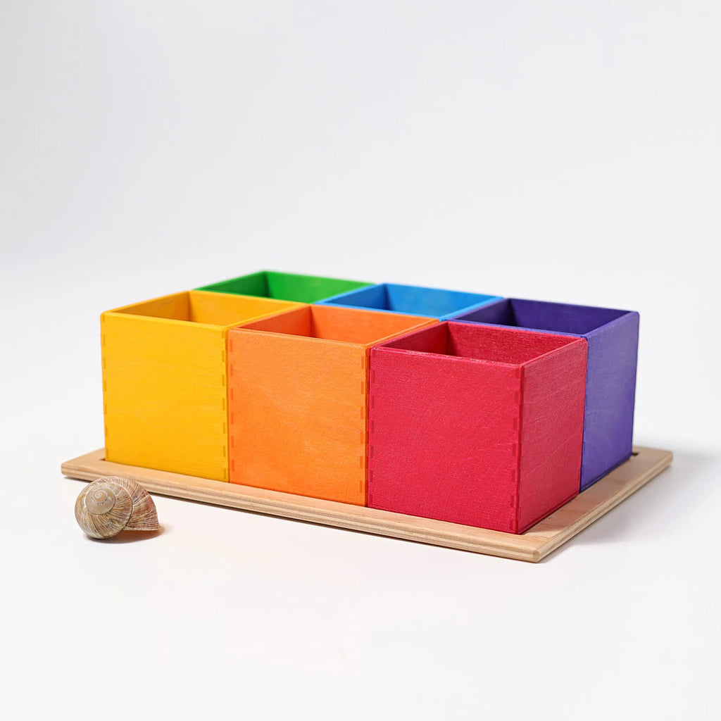 Grimm’s Small 6 Piece Rainbow Box Sorter with six square, rainbow-colored sorting helper boxes arranged in a wooden tray and a small snail shell resting in front.