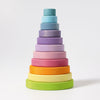 A stack of colorful, round wooden rings arranged in ascending size order. This Pastel Stacking Tower features rings painted in gradient colors, starting with green at the base and ending with turquoise at the top. Perfect for enhancing fine motor skills and eye-hand coordination in young children.