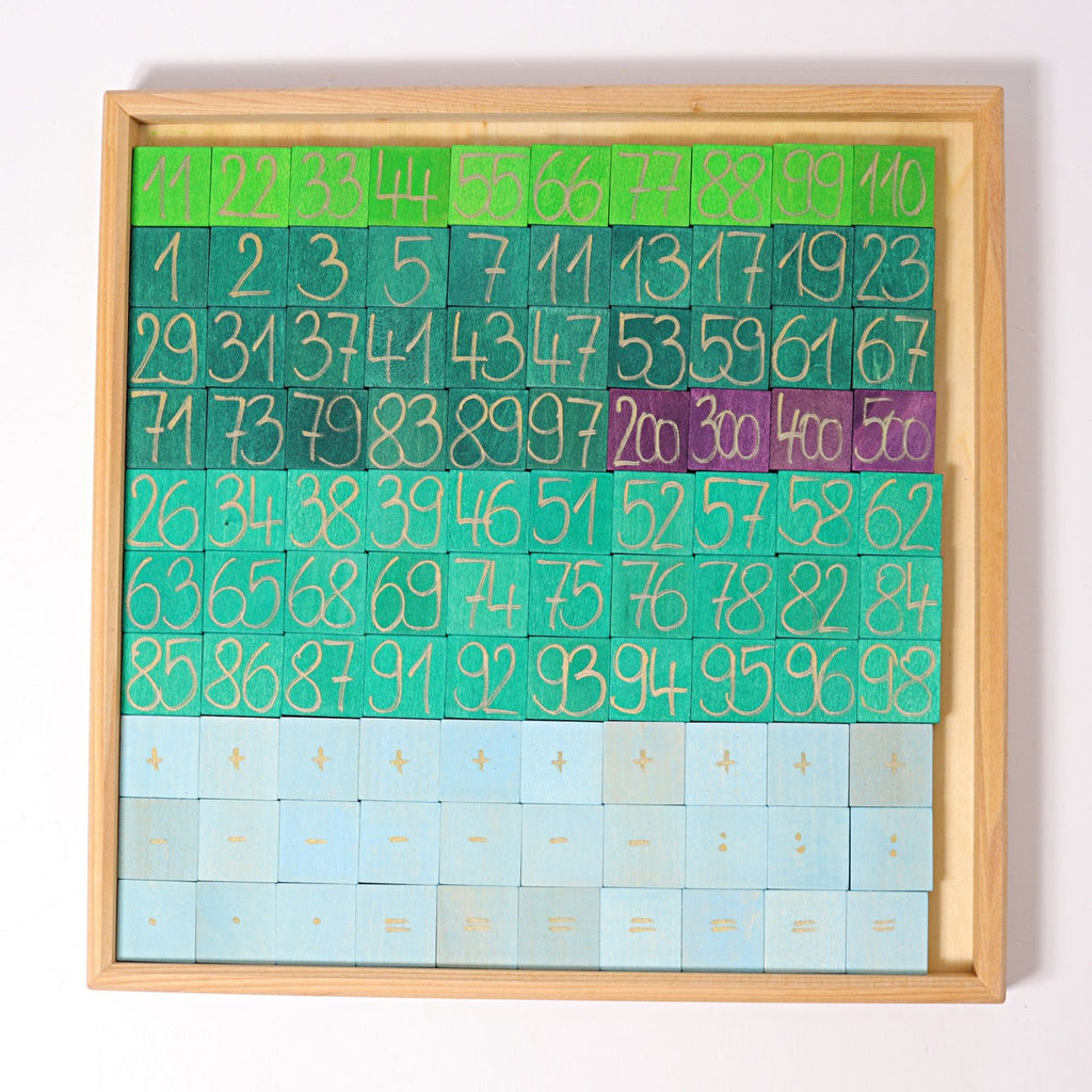 The "Grimm's Counting with Colors" preschool arithmetic set features a wooden frame with blocks numbered from 1 to 110. The mainly green blocks are accented by vibrant numbered snakes in colors like purple, representing higher numbers such as 200, 300, and beyond. Arithmetic symbols are displayed below the numbers for easy learning.