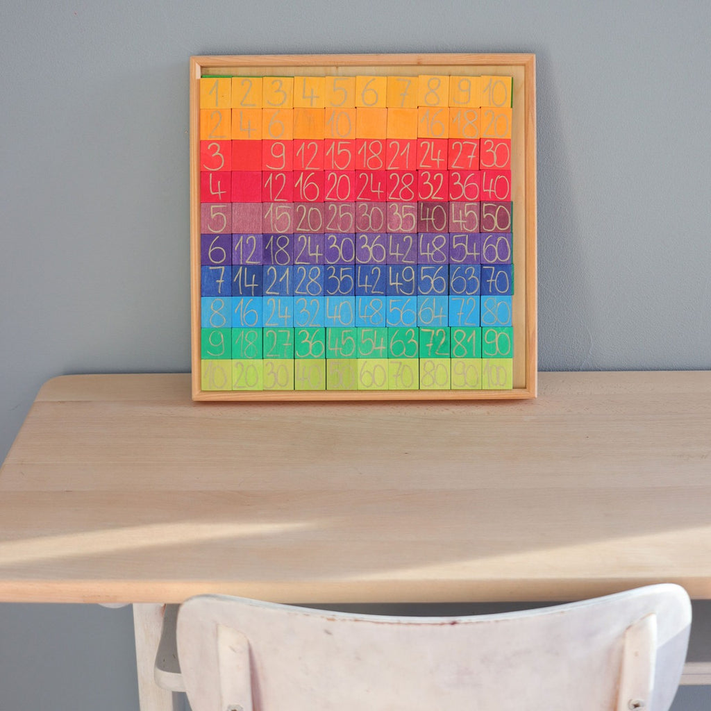 Grimm's Counting with Colors features a wooden tray filled with vibrant math blocks showcasing various equations, ideal for preschool arithmetic. A child's hand is seen reaching to place a yellow block marked "2". The blocks are neatly arranged to display numerous addition problems, making this arithmetic box an enjoyable and educational tool.