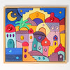 Grimm's Sparkling Mandala Orient is a colorful wooden puzzle featuring domed buildings, arches, and towers. Its gem-decorated blocks create a whimsical cityscape, evoking an enchanting night under the stars. Ships in 1-2 weeks.