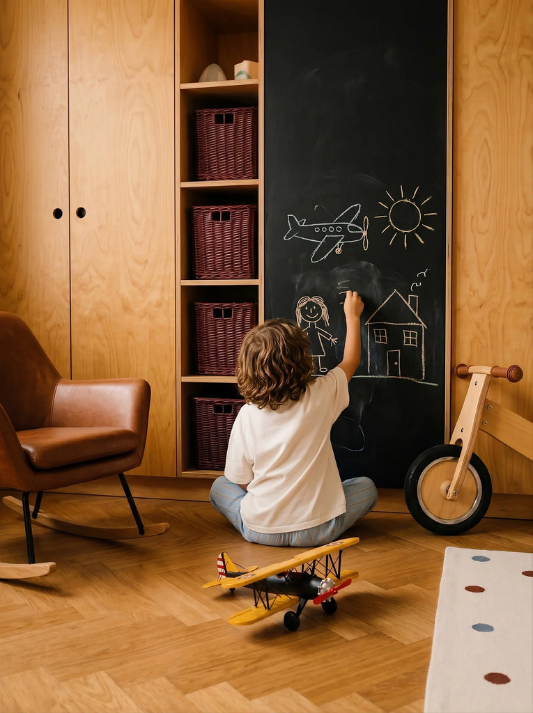 A child sits on the floor drawing with chalk on a blackboard wall—sketching a plane, sun, stick figure, and house—in a cozy playroom filled with wooden furniture and shelves. Above, Little Forest Animals — The Aviator handcrafted metal biplane adds whimsy as barnstormer plane decor, inspiring endless adventures and creativity.