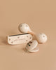The Konges Sloejd Petit Music Set - Glossy Cherry features three cream-colored wooden instruments with cherry designs—a maraca, a harmonica case labeled "petit musicien," and a clamshell castanet—ideal for any kids’ music set.
