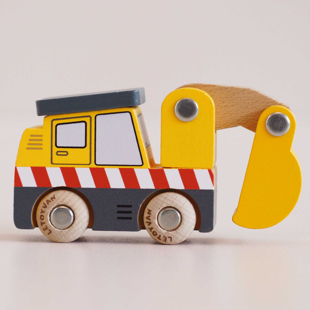 The No. 37 GT210 Eddie | Made in England is a wooden excavator construction toy, showcasing yellow and black accents, red and white stripes, and a movable yellow scoop arm, displayed against a plain light background.
