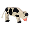 The Holztiger Calf, Grazing is a handcrafted wooden toy featuring a white body with black spots, black hooves, a rope tail, and a pink snout. Made in Europe, this figure stands on all fours and is perfect for timeless play.