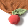 Pepa the Apple Big Doudou is a red, apple-shaped natural rubber teether embossed with "Oli&Carol," attached to a brown organic cotton baby doudou and a green leaf-shaped cloth napkin—an ideal comfort toy for little ones.