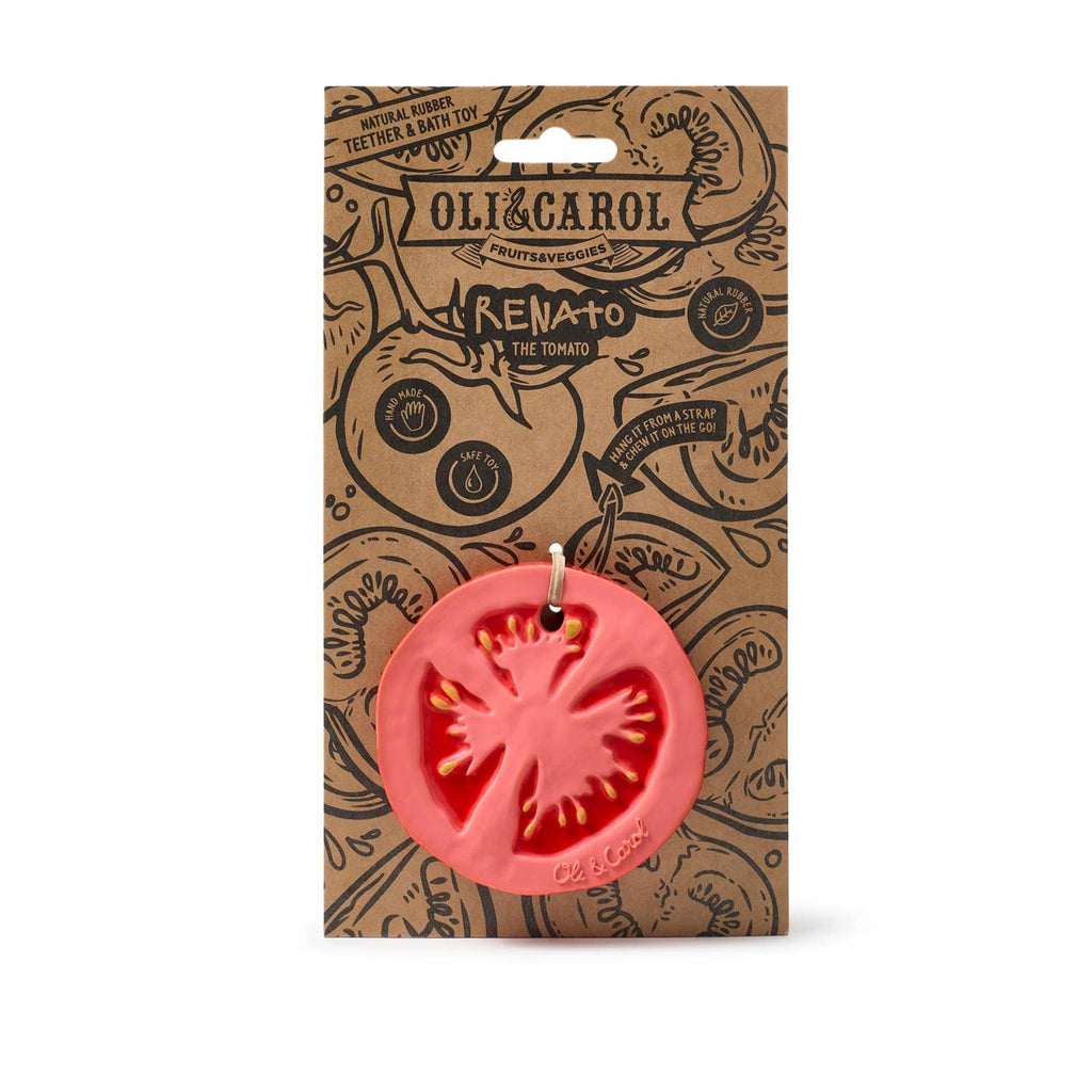 Renato the Tomato Teething Toy is a red, tomato slice-shaped baby teether by Oli & Carol, made of natural rubber and packaged in eco-friendly brown boxes featuring black fruit and veggie outline sketches.