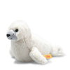 The Steiff Aro Baby Seal Pup is a soft, white plush toy with a light gray face, black stitched features, and a yellow Steiff tag—perfect as a cuddly stuffed animal for all ages.