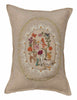 The Sugar Egg Pocket Pillow is a square beige pillow with intricate embroidery depicting an Easter wonderland of animals, flowers, and mushrooms. The central design includes a fox, rabbit, and bear among butterflies, bordered by an ornate metallic gold leaf embroidery.