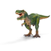 The Schleich Tyrannosaurus Rex Dinosaur Toy features a realistic green and brown design, standing on two legs with its mouth open to reveal sharp teeth, set against a white background.