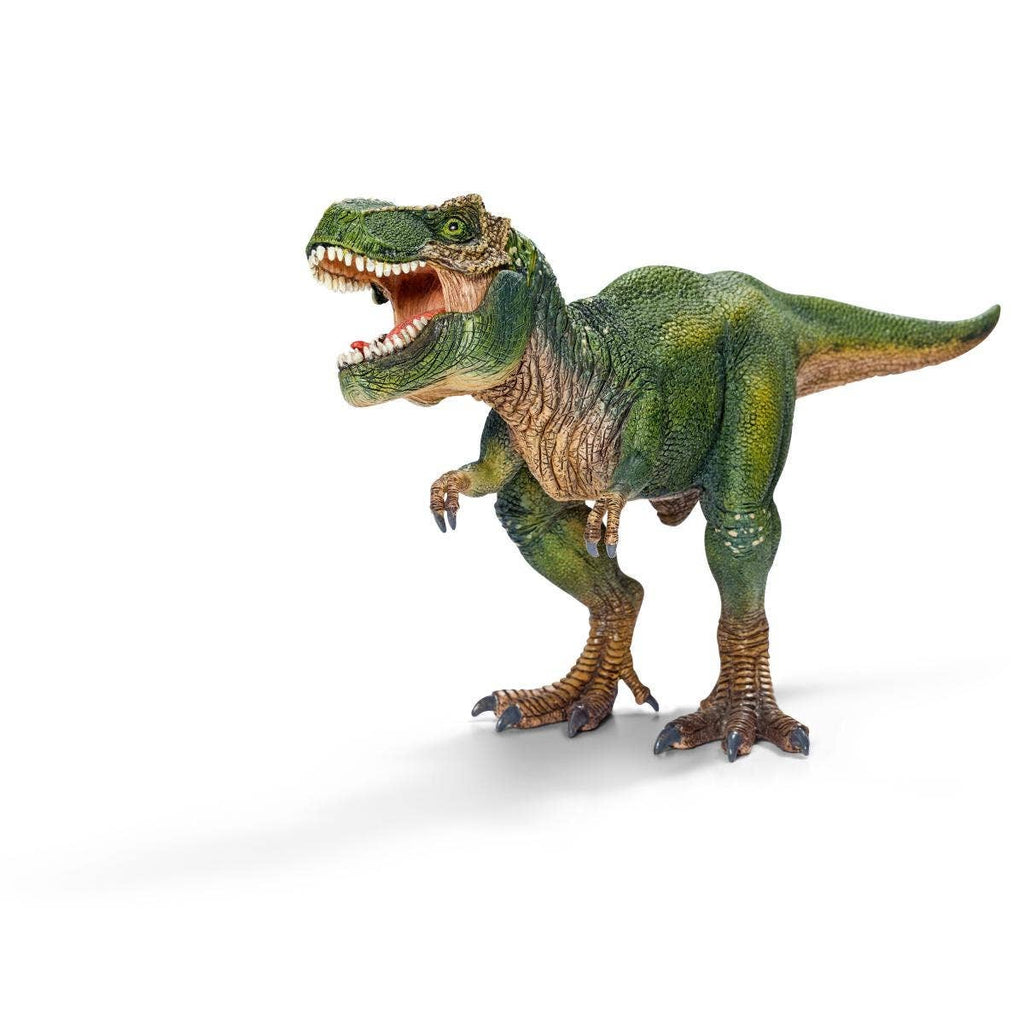 The Schleich Tyrannosaurus Rex Dinosaur Toy features a realistic green and brown design, standing on two legs with its mouth open to reveal sharp teeth, set against a white background.