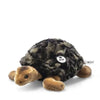 The Steiff Slo Tortoise Stuffed Animal features a soft, textured dark brown and green shell, light brown legs and head, and a small white "Steiff" tag—perfect for naptime cuddles. Set against a white background.